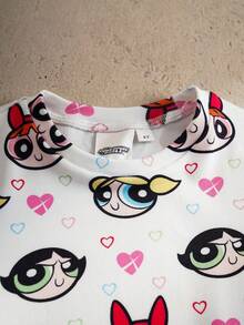 THE POWERPUFF GIRLS X SHEIN 女童爱心印花圆领短袖上衣和紧身短裤睡衣套装 - 白色 - 查看 3