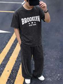 SHEIN 青少年男孩 2件/套休閒圖案圓領T恤與長褲套裝，返校服裝，基礎穿搭，適合學校、度假、旅行、運動，適用於春、夏、秋季穿搭 - 黑色 - 查看 8