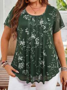 EMERY ROSE Plus Size Women's Summer Elegant Dark Green Floral Print Tunic Blouse,Short Sleeve Casual Top For Wedding Guest,Holiday,Vacation & Everyday Wear - Green - View 3