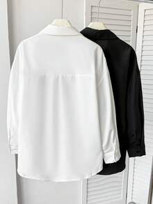 SHEIN Tween Girls Casual Versatile Simple 2pcs Comfortable Solid Color Long Sleeve Single-Breasted Casual Shirt - Black and White - View 5