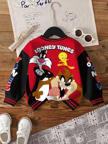 LOONEY TUNES X SHEIN 男童休闲运动风趣味卡通字母图案撞色条纹宽松套头卫衣 - 白色 - 查看 2
