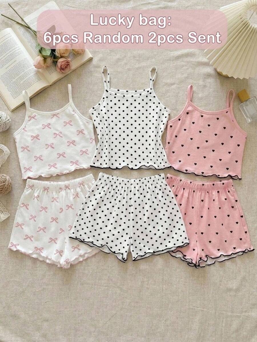 SHEIN 女童兒童 [隨機6件發2件] 波點圖案休閒極簡主義細肩帶上衣與短褲套裝 緊身居家服 夏季適用 - 白色 - 查看 1