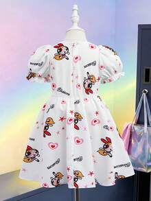 THE POWERPUFF GIRLS X SHEIN 1件休閒風女童圓領泡泡袖洋裝 - 白色 - 查看 2
