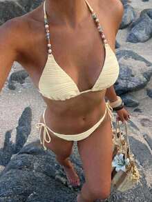 Opulessa Set Bikini Wanita Bertekstur dengan Hiasan Manik-Manik, Atasan Tank Top Model Halter dan Bawahan Bikini Segitiga - Aprikot - View 1