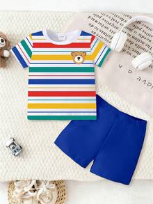 SHEIN Playful Pals 2pcs/Set Baju Bayi Laki-laki Motif Beruang Lucu & Garis-garis Leher Bulat Lengan Pendek + Celana Pendek Biru Tua, Cocok Untuk Beraktivitas di Musim Panas - MultiWarna - View 3
