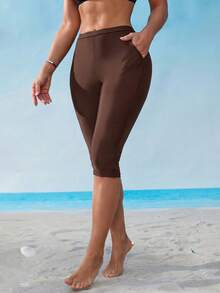 SHEIN Swim 女款純色口袋七分長泳褲，適合夏季度假與海灘 - 棕色 - 查看 4