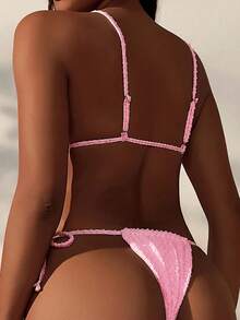 SHEIN Swim 女款夏季海灘純色前綁帶性感時尚比基尼兩件式泳衣套裝 - 粉色 - 查看 2