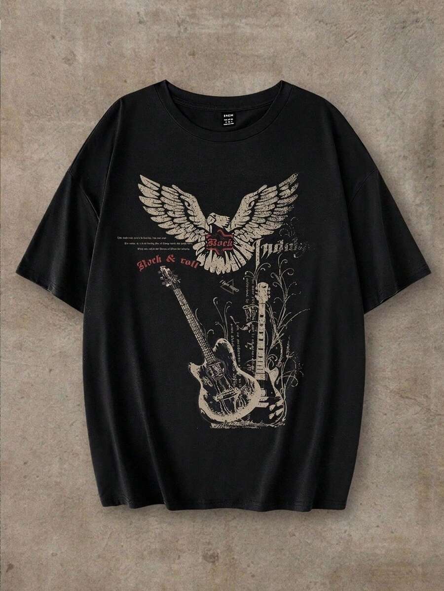 SHEIN EZwear 超大号音乐节吉他与老鹰图案圆领短袖宽松T恤,棉混纺,夏季 - 黑色 - 查看 1