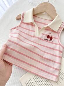 SHEIN 少女針織條紋休閒上衣、背心上衣、夏季、嬰兒、夏季上衣條紋 Polo 衫條紋上衣 - 粉色 - 查看 4