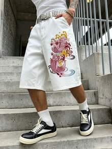 GALLERY FADE Men's Fish Pattern Patch Pocket Loose Casual Denim Wide Leg Shorts - White - View 1
