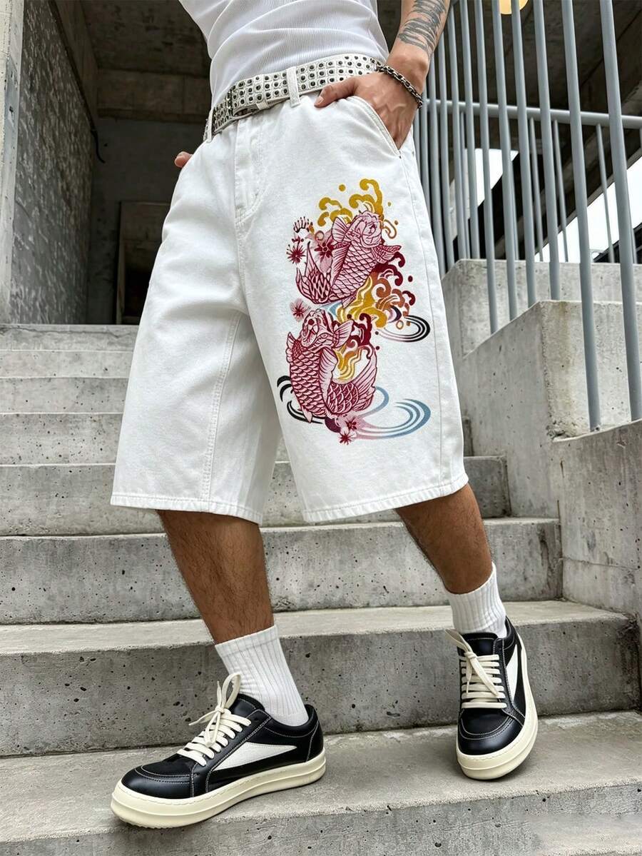 GALLERY FADE Men's Fish Pattern Patch Pocket Loose Casual Denim Wide Leg Shorts - White - View 1