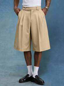 PAVTROS Quần short nam màu trơn xếp ly phong cách casual đa năng mặc hàng ngày đi chơi - Màu Khaki - Xem 3