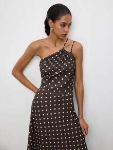 Maija Vestido elegante sexy con estampado de lunares y pliegues de un solo hombro para mujer - Marrón - Ver 5