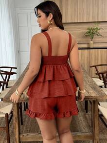 Weeklong Women's Plus Size Spring/Summer Casual Camisole Ruffle Hem Top And Ruffle Hem Pants 2-Piece Set, Suitable For Vacation And Daily Wear - Rust Brown - View 2