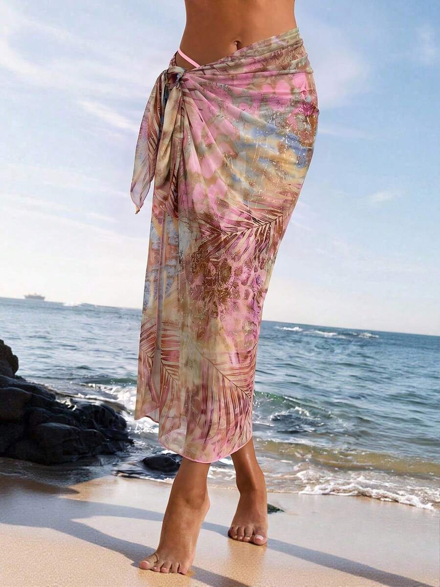 Opulessa Women's Tropical Plant Print Side Tie Waist Cover-Up Skirt - Multicolor - View 1