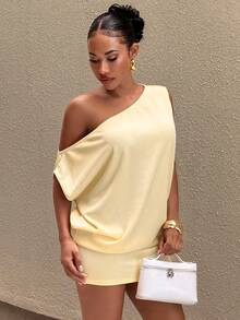 Slaydiva This Figure-Flattering, Loose-Fitting Light Yellow Mini Dress With Dropped Shoulders And A Relaxed, Slimming Shorts Set Is A Must-Have For Summer Dates And Vacations-A - Yellow - View 4