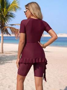 Swim Mulvari Women's 2-Piece Rash Guard Swimsuit, Half Zip Short Sleeve One-Piece With Mesh Skirt And Rose Detail, White Beach Summer Elegant Laced - Burgundy - View 2