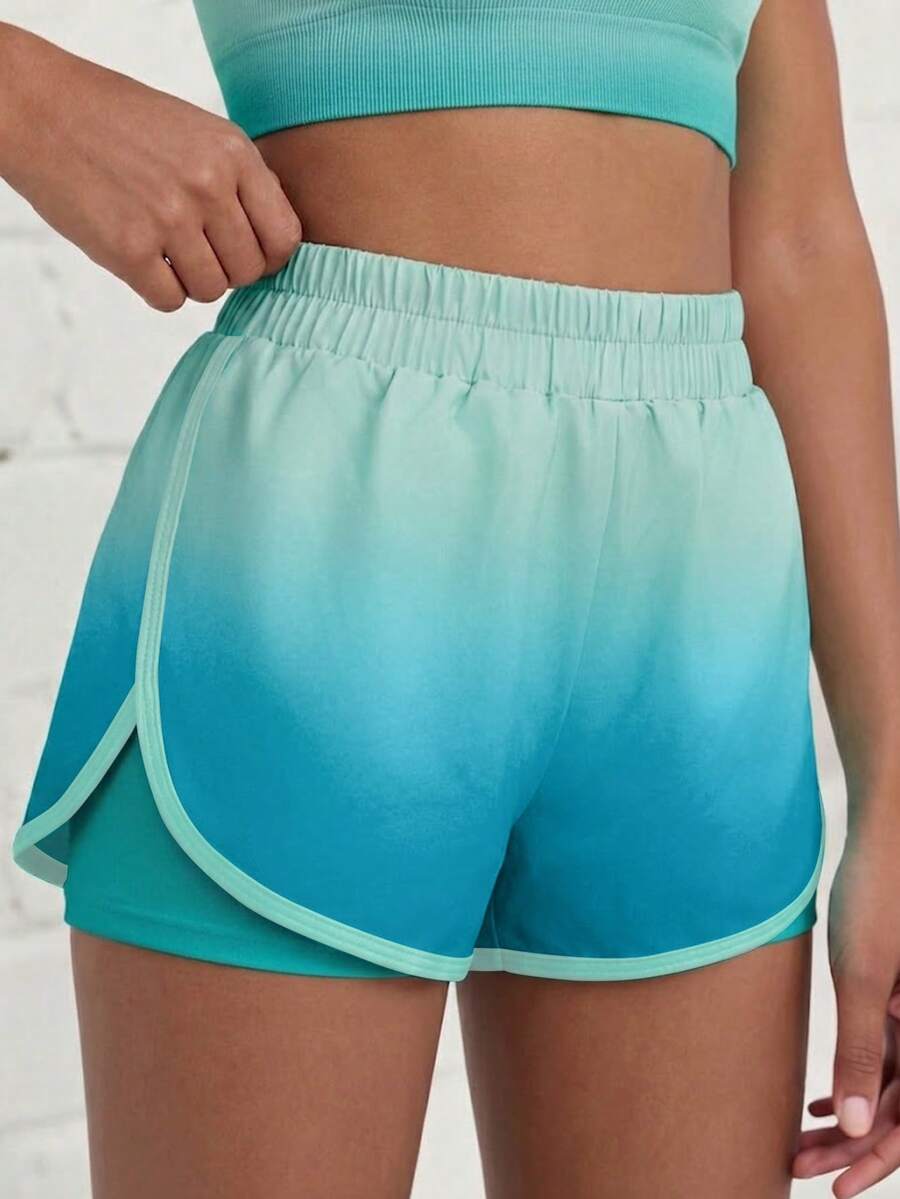 SHEIN Tween Girls Casual Simple Orange Gradient 2 In 1 Anti-Exposure Sports Shorts Knit Fashion Girls Sports Pants Casual Wear Girls Clothing Apparel, Fall - Multicolor - View 1