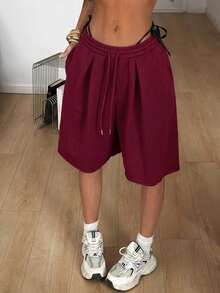 Coolane Women's Summer Streetwear Daily Wear Homecoming Casual Sport Basic Burgundy Baggy Low Rise Bermuda Sweater Shorts - Burgundy - View 3