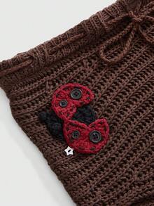 ROMWE Fairycore Cute Ladybug Print Shorts, Women Knit Pants, Spring/Summer - Brown - View 3