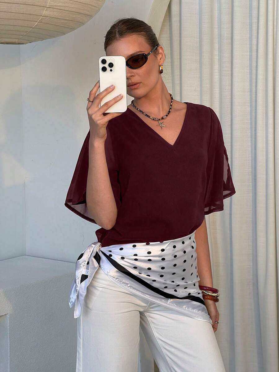 SHEIN Clasi 夏季休閒純色V領開衩袖雪紡上衣 - 紫色 - 查看 1
