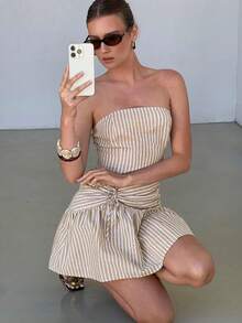 Lavishia Women's Beige Pleated Casual Versatile Date Vacation Mini Bandeau Dress Summer - Mocha Brown - View 5