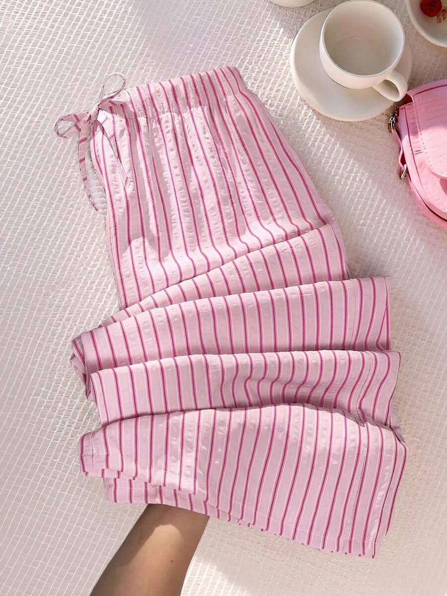 SHEIN Sparklyn 青少年女孩秋季服飾 高腰休閒可愛條紋直筒長褲,秋季開學穿搭 - 粉色 - 查看 1