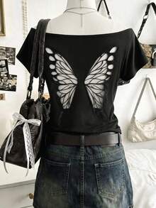 Lalippa Women's Off-Shoulder Short Sleeve Butterfly Shaped Hollow Out Fashion Summer T-Shirt - Black - View 3