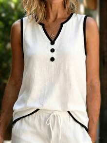 EMERY ROSE Women's White And Black Chic Linen Sleeveless Shirt,Contrast Binding V-Neck Button Loose Vest,Summer Brunch Beach Vacation Elegant Casual Blouses - Black and White - View 8