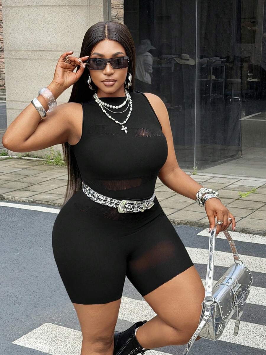 Maweii Plus Size Women's Solid Color Round Neck Sleeveless Sexy Romper - Black - View 1