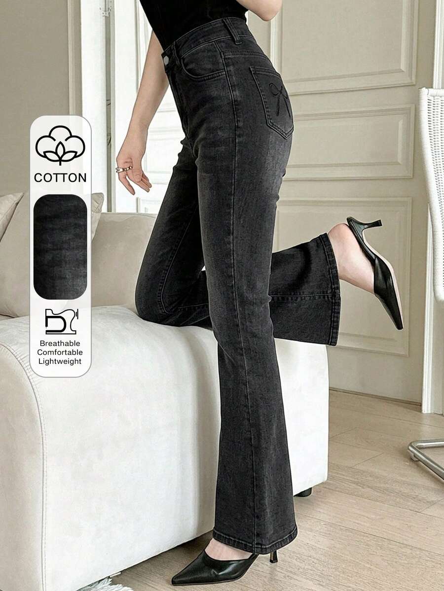 DAZY Jeans acampanados de uso diario casual lavados con bolsillos para mujer - Negro - Ver 1