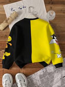 LOONEY TUNES X SHEIN 青少年女孩拼色可愛卡通圖案圓領保暖衛衣，秋季青少年女孩卡通印花上衣，卡通衛衣 - 白色 - 查看 2