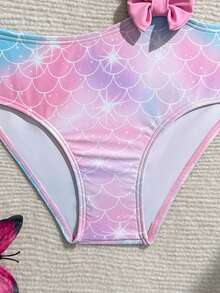 SHEIN Young Girl Fish Scale Print Colorblock Bow Decor One-Piece Swimsuit, Suitable For Beach Vacation, Pool Party, Beach Party - Pink - View 5