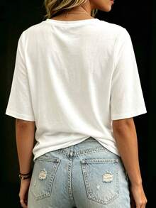 Balvessa White U-Neck Pleated Button Decor Casual Short Sleeve Women's T-Shirt - White - View 2