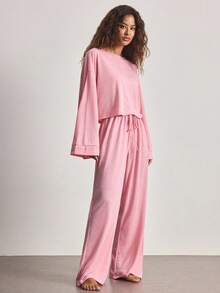 Ocili 2pcs Comfortable Soft Bamboo Knit Round Neck Long Sleeve Top And Pants Women Pajama Set, Summer - Pink - View 6