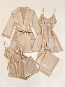 SHEIN Set Piyama Wanita 5 Potong Bahan Sutra Imitasi dengan Atasan Kamisol Leher V Berenda Bordir, Celana Pendek, Celana Panjang, Gaun Dalam, dan Jubah - Khaki - View 3