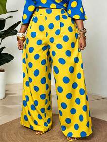 Maweii Plus Size Women's Dopamine High Saturation Color Block Polka Dot Draped Wide Leg Pants, Slimming Straight Leg Long Pants, Summer Vacation Casual Floor-Length Pants - Pale Yellow - View 5