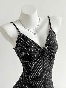 Elamini 女款波點棕色裝飾扣背心上衣 休閒日常度假款 - 黑色 - 查看 7