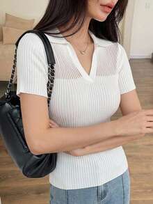 DAZY 女款日常通勤短袖V領修身針織上衣 - 白色 - 查看 2
