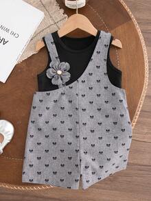 SHEIN Elladie kids 2件組女童幼兒夏季套裝 學院風蝴蝶結印花吊帶套裝，黑色無袖羅紋針織背心上衣，灰色蝴蝶結寬鬆直筒吊帶短褲，適合節慶度假風 - 黑色 - 查看 3