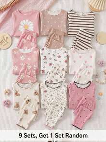 SHEIN Baby Girls Daisy Pattern Loungewear Casual Outing Two Pieces Set: T-Shirt And Pants Pajamas, Perfect For Summer, Snug Fit 9 Sets, Get 1 Set Random - Pink - View 1