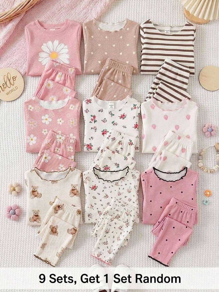 SHEIN Baby Girls Daisy Pattern Loungewear Casual Outing Two Pieces Set: T-Shirt And Pants Pajamas, Perfect For Summer, Snug Fit 9 Sets, Get 1 Set Random - Pink - View 1