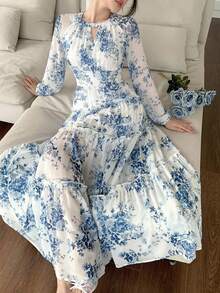 DAZY 夏季優雅風女款圓領無袖荷葉邊修飾中長洋裝，婚禮賓客禮服 - 湖藍色 - 查看 1