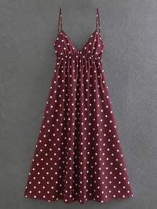 Cévolie Gaun Cami Tanpa Lengan Motif Polkadot Wanita dengan Hiasan Pita - Coffee Brown - View 4