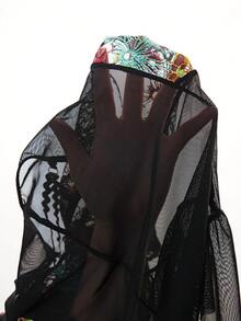 Elorette Elegant Retro Colorful Embroidery Backless Mesh Ruffle Hem Sexy Women Lingerie Jumpsuit - Black - View 8