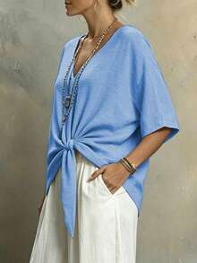 Weeklong Plus Size Casual Vacation Loose Hem V-Neck Short Shirt Vacation Light Blue Summer - Blue - View 7