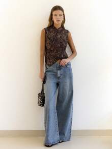 Nöista Medium-Waist Wide-Leg Denim With Metallic Button. Ideal For City,Casual,Summer,Autumn,Everyday,Party - Medium Wash - View 1