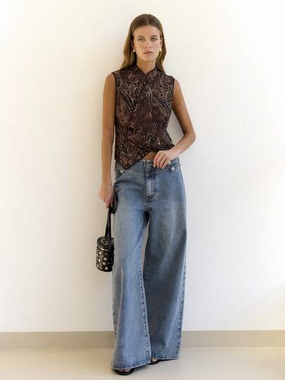 Nöista Medium-Waist Wide-Leg Denim With Metallic Button. Ideal For City,Casual,Summer,Autumn,Everyday,Party