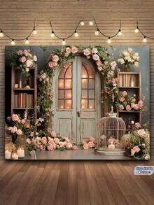1pc Vintage Wooden Arch & Floral Fabric Backdrop, Spring Pink Rose, Wedding Portrait Photography Background With Wooden Vase & Books, Ideal For Photo Shooting - multicolor - View 1