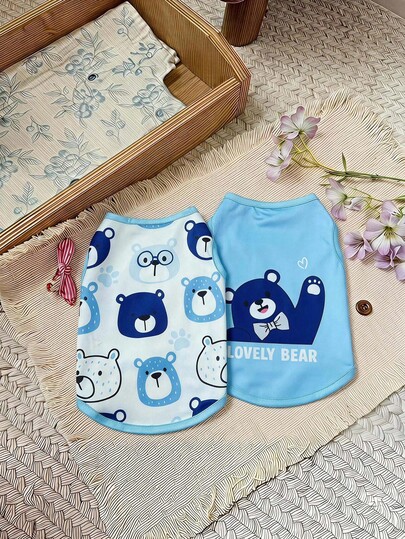 PETSIN 2pcs Blue Greeting Teddy Bear Cute Print, Comfortable And Soft, No Shedding Pet Vest